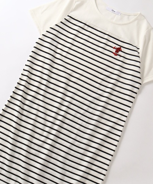 Disney（ディズニー）の「【Disney/ディズニー】ワンポイント刺繍 ボーダー切り替え 半袖Tシャツワンピース（ワンピース・レディース・オフホワイト/ベージュ/ネイビー・M/L）」の5枚目の写真