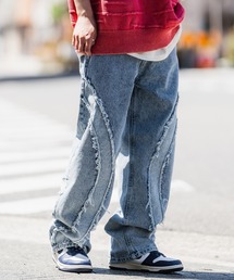 フリンジ切替デザイン ワイドデニムパンツ