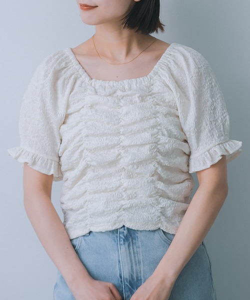 HEYUMM(ヘユム)の「シャーリングスクエアトップ(Tシャツ/カットソー・レディース・チャコールグレー/アイボリー/イエロー・ONE)」の2枚目の写真
