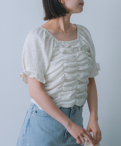 HEYUMM(ヘユム)の「シャーリングスクエアトップ(Tシャツ/カットソー・レディース・チャコールグレー/アイボリー/イエロー・ONE)」の10枚目の写真