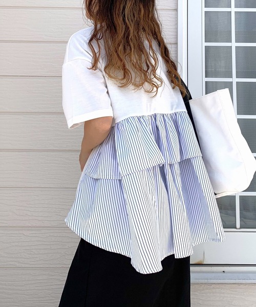 Q(キュー)の「ドッキングティアードトップス(Tシャツ/カットソー・レディース・ブラック/ホワイト・MEDIUM)」の1枚目の写真