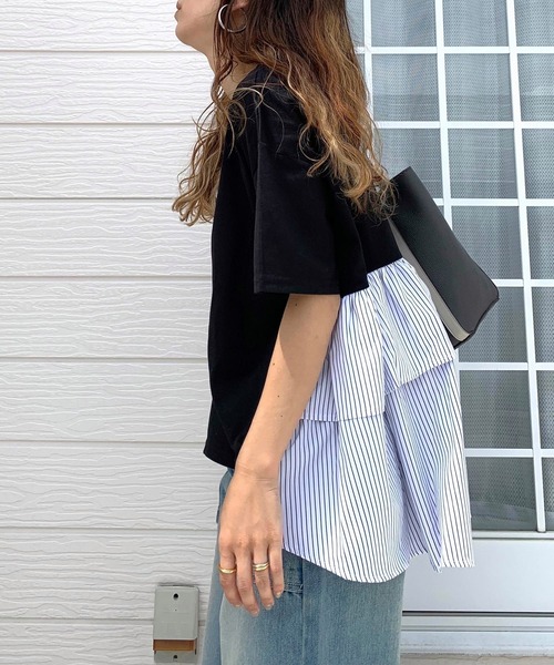 Q(キュー)の「ドッキングティアードトップス(Tシャツ/カットソー・レディース・ブラック/ホワイト・MEDIUM)」の2枚目の写真