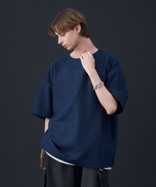 KUUUPY（クーピー）の「Tweed-Style Short Sleeve Pullover - ツイード調半袖プルオーバー（Tシャツ/カットソー・メンズ・ホワイト×ブラック/ダークブルー/チャコールグレー・MEDIUM/LARGE/SMALL）」の4枚目の写真