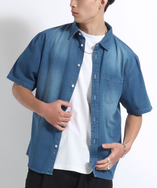 Salong hameu（サロン ハミュー）の「半袖デニムシャツ メンズ レディース/レギュラーカラーシャツ（シャツ/ブラウス・メンズ・インディゴブルー/ダークインディゴブルー/ライトインディゴブルー・LL/L/M）」の22枚目の写真