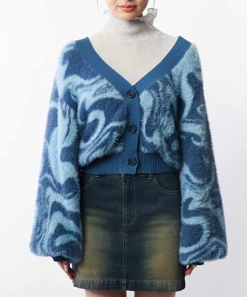 SPIRALGIRL（スパイラルガール）の「マーブルパターンシャギーニットカーディガン（カーディガン/ボレロ・レディース・ブルー/ブラック/ホワイト・FREE）」の9枚目の写真