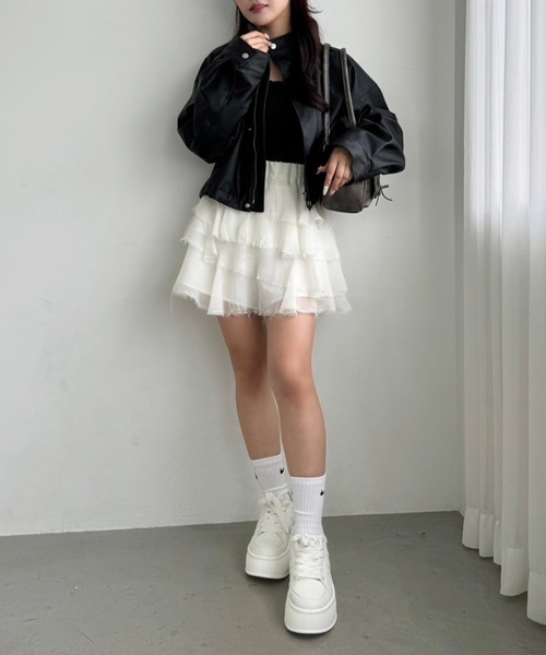 one after another NICE CLAUP（ワンアフターアナザーナイスクラップ）の「ティアードミニスカート（スカート・レディース・ブラウン/アイボリー/オフホワイト/チャコールグレー・FREE）」の19枚目の写真