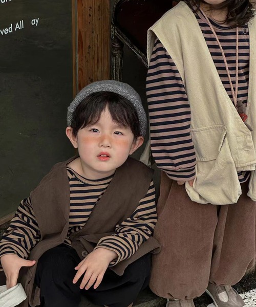 aimoha(アイモハ)の「【aimoha-KIDS-】ボタン付き ボーダートップス(Tシャツ/カットソー・キッズ・ベージュ/ホワイト/ブラウン・90/100/110/120/130)」の7枚目の写真