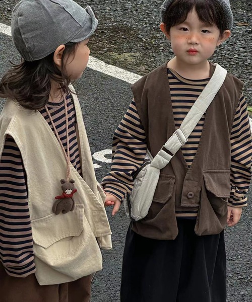 aimoha(アイモハ)の「【aimoha-KIDS-】ボタン付き ボーダートップス(Tシャツ/カットソー・キッズ・ベージュ/ホワイト/ブラウン・90/100/110/120/130)」の8枚目の写真