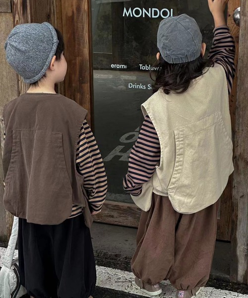 aimoha(アイモハ)の「【aimoha-KIDS-】ボタン付き ボーダートップス(Tシャツ/カットソー・キッズ・ベージュ/ホワイト/ブラウン・90/100/110/120/130)」の9枚目の写真