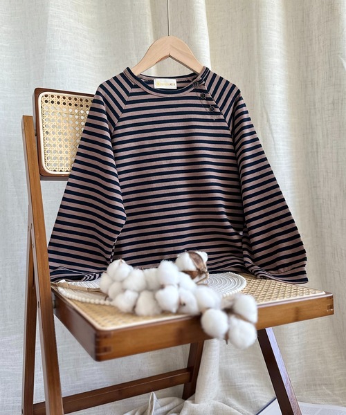 aimoha(アイモハ)の「【aimoha-KIDS-】ボタン付き ボーダートップス(Tシャツ/カットソー・キッズ・ベージュ/ホワイト/ブラウン・90/100/110/120/130)」の12枚目の写真
