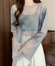 水彩柄フレアスリーブシアートップス