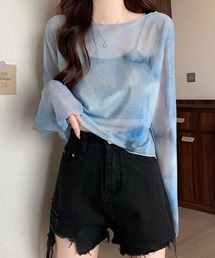 水彩柄フレアスリーブシアートップス