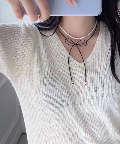 ammy.（エイミードット）の「【 ammy. / エイミードット 】 リボンコード × ビーズ チョーカー ネックレス（ネックレス・レディース・ブラック/シルバー・FREE）」の3枚目の写真