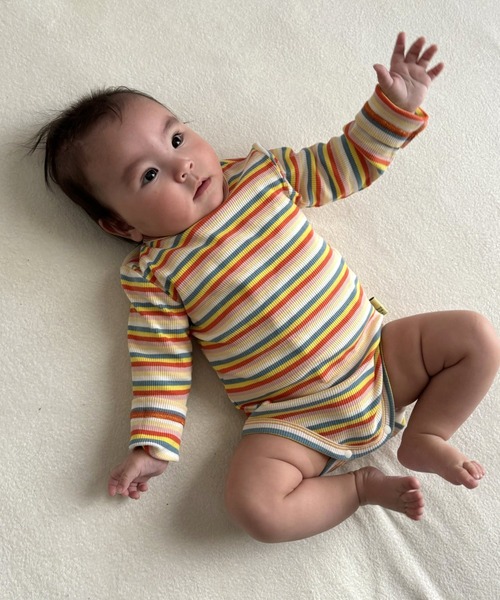 MAKE YOUR DAY（メイクユアデイ）の「無地とボーダーリブロンパース（ロンパース・キッズ・ネイビー/オレンジ/オフホワイト・70/80）」の3枚目の写真