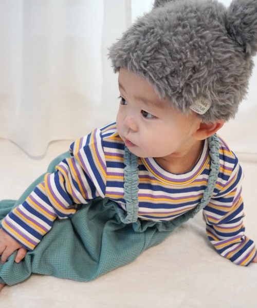 MAKE YOUR DAY（メイクユアデイ）の「無地とボーダーリブロンパース（ロンパース・キッズ・ネイビー/オレンジ/オフホワイト・70/80）」の4枚目の写真