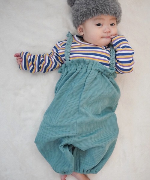 MAKE YOUR DAY（メイクユアデイ）の「無地とボーダーリブロンパース（ロンパース・キッズ・ネイビー/オレンジ/オフホワイト・70/80）」の6枚目の写真