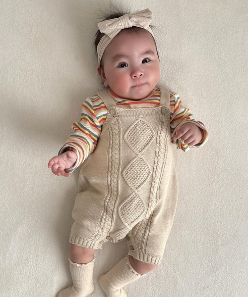 MAKE YOUR DAY（メイクユアデイ）の「無地とボーダーリブロンパース（ロンパース・キッズ・ネイビー/オレンジ/オフホワイト・70/80）」の7枚目の写真