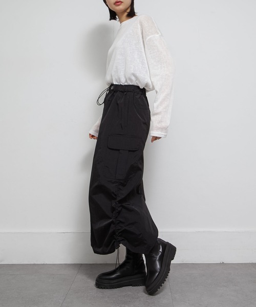 Chillfar(チルファー)の「ドロストギャザーカーゴスカート(スカート・レディース・ブラック/カーキ/チャコール・FREE)」の11枚目の写真