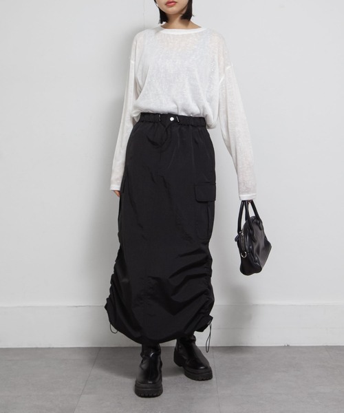 Chillfar(チルファー)の「ドロストギャザーカーゴスカート(スカート・レディース・ブラック/カーキ/チャコール・FREE)」の12枚目の写真