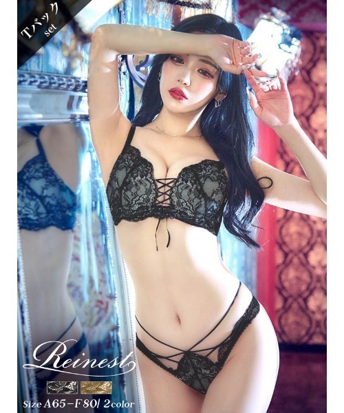 リュクス カット レースアップ ブラジャー & バック透け Tバック ショーツ（ブラ&ショーツ）｜Reinest（レイネスト）