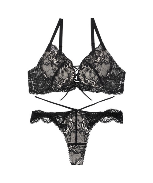 リュクス カット レースアップ ブラジャー & バック透け Tバック ショーツ（ブラ&ショーツ）｜Reinest（レイネスト）