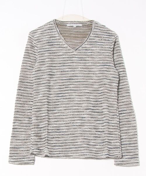 B.I.D.(ビーアイディー)の「《Growth by Grail》ボーダーVネックカット(Tシャツ/カットソー・メンズ・グレー/ブラック・LARGE/MEDIUM)」の1枚目の写真