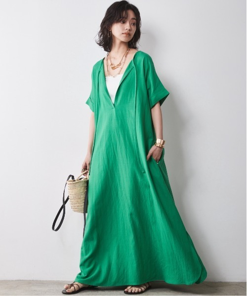 CHIC STYLE（シックスタイル）の「レーヨン麻2WAYフレンチスリーブマキシワンピース＜大きいサイズ有＞シックスタイル（ワンピース・レディース・ブラック/ブラウン/ブルー/グリーン・LL/3L/4L/5L/M/L）」の3枚目の写真