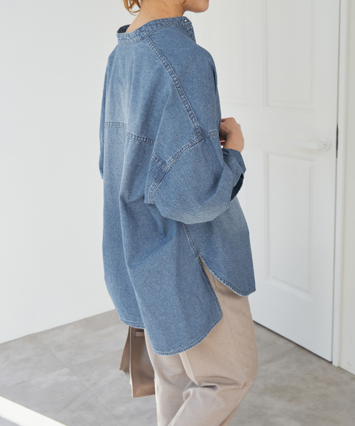 Spick and Span バンドカラーボックスダンガリーシャツ Spick＆Span ブラウス シャツ バンドカラーボックスダンガリー