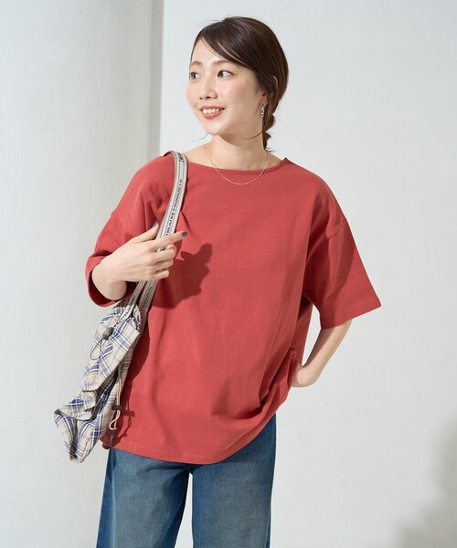 トゥービーシック Tシャツ カットソー 半袖 ラウンドネック ビジュー 2 赤 ラウンドネックリブTシャツ(半袖)（Tシャツ/カットソー）｜SENSE OF