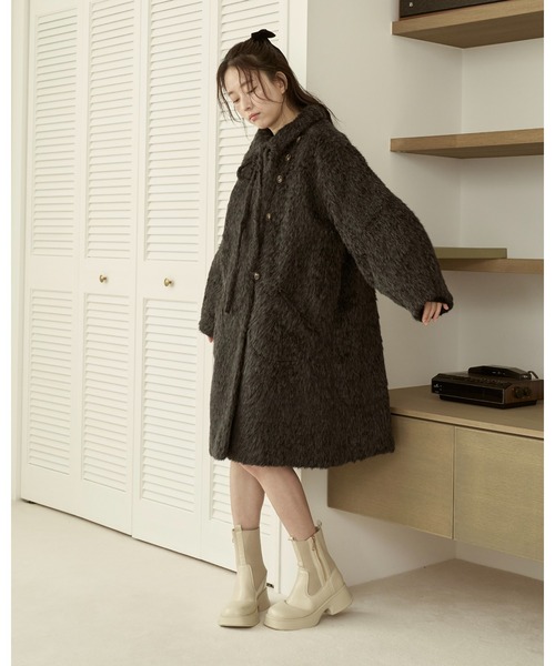 moi tytto 取り外しリボン付き　シャギーミディ丈コート　チャコールグレー 取り外しリボン付き】シャギーミディ丈コート（その他アウター）｜moi