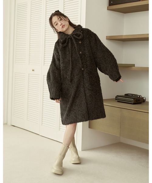 moi tytto 取り外しリボン付き　シャギーミディ丈コート　チャコールグレー 取り外しリボン付き】シャギーミディ丈コート（その他アウター）｜moi