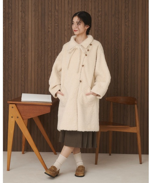 モイテュット　【取り外しリボン付き】シャギーミディ丈コート　ベージュ 取り外しリボン付き】シャギーミディ丈コート（その他アウター）｜moi