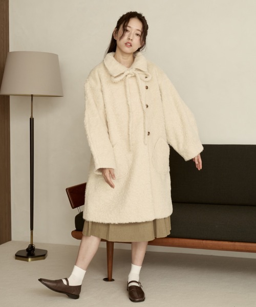 moi tytto 取り外しリボン付き】シャギーミディ丈コー 着画あり 取り外しリボン付き】シャギーミディ丈コート（その他アウター）｜moi