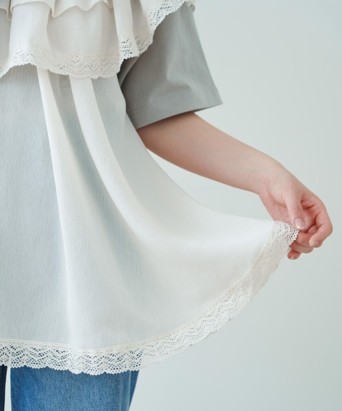 ꧁ღ 新品 トゥララ エンブロイダリーレース フリルワンピースチュニック 組曲 L 【洗える】エンブロイダリーレース チュニックブラウス