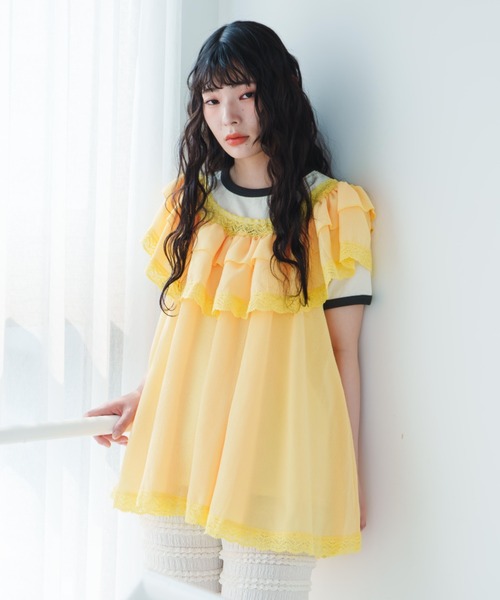 イエローフリルチュニック 長袖 セール】【eLur】レースフリルチュニック（チュニック）｜eLur