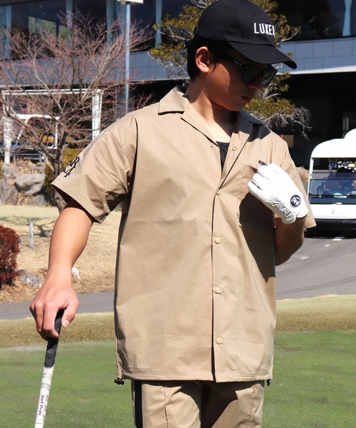 Golf wang シャツ ツイード ブルー 襟付き シャツ 半袖 RM)【LUXE/R GOLF】ストレッチ クロス オープンカラー 半袖
