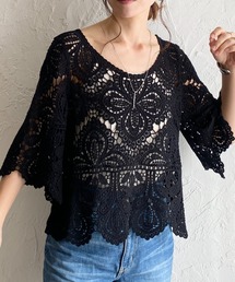 She's Closet（シーズクローゼット）の「綿100%ショート丈半端袖かぎ針クロシェ編みトップス（ニット/セーター）」