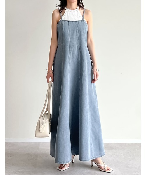 Re:EDIT（リエディ）の「[2025 SUMMER COLLECTION][低身長サイズ有]コットンデニムパネルフレアキャミワンピース（ワンピース・レディース・ネイビー/ブルー・MEDIUM/LARGE/SHORT）」の2枚目の写真