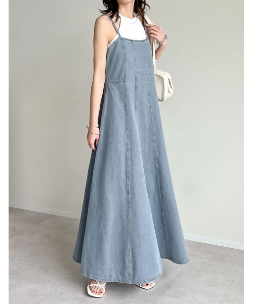 Re:EDIT（リエディ）の「[2025 SUMMER COLLECTION][低身長サイズ有]コットンデニムパネルフレアキャミワンピース（ワンピース・レディース・ネイビー/ブルー・MEDIUM/LARGE/SHORT）」の9枚目の写真