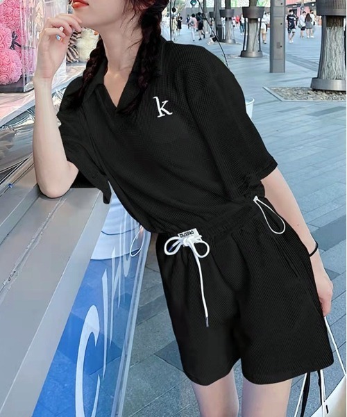 COMON＋（コモンプラス）の「ワッフル調 トップス＆ショートパンツ セットアップ（セットアップ・レディース・ホワイト/ブラック・M/L）」の8枚目の写真