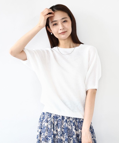 MK MICHEL KLEIN（エムケーミッシェルクラン）の「ガーター編み五分袖ニット/洗える（ニット/セーター・レディース・グレー/ホワイト/ダークインディゴブルー/イエロー・38）」の2枚目の写真