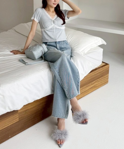 one after another NICE CLAUP(ワンアフターアナザーナイスクラップ)の「【カップ付き】レーステレコトップス(Tシャツ/カットソー・レディース・ブラック/ホワイト系その他/ドット/サックスブルー・FREE)」の14枚目の写真