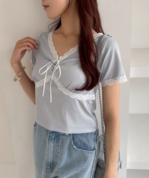 one after another NICE CLAUP(ワンアフターアナザーナイスクラップ)の「【カップ付き】レーステレコトップス(Tシャツ/カットソー・レディース・ブラック/ホワイト系その他/ドット/サックスブルー・FREE)」の11枚目の写真