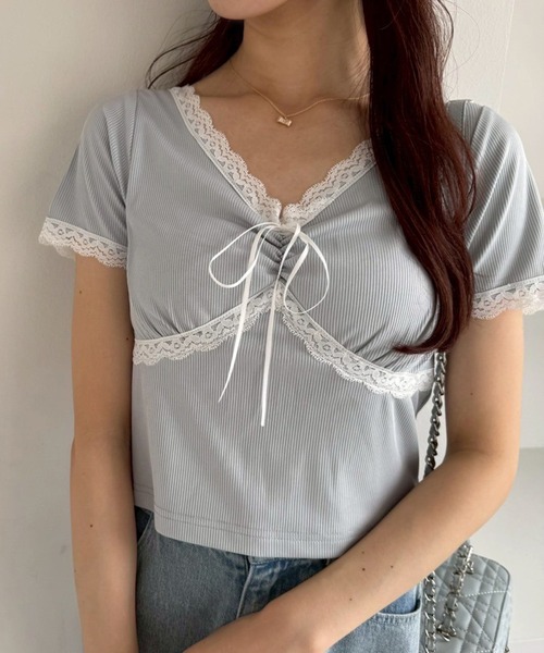 one after another NICE CLAUP(ワンアフターアナザーナイスクラップ)の「【カップ付き】レーステレコトップス(Tシャツ/カットソー・レディース・ブラック/ホワイト系その他/ドット/サックスブルー・FREE)」の13枚目の写真