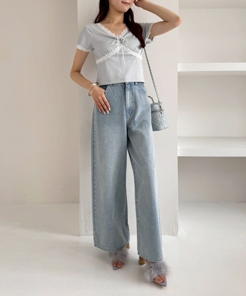 one after another NICE CLAUP(ワンアフターアナザーナイスクラップ)の「【カップ付き】レーステレコトップス(Tシャツ/カットソー・レディース・ブラック/ホワイト系その他/ドット/サックスブルー・FREE)」の8枚目の写真