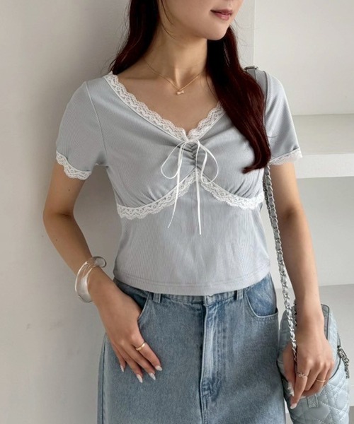 one after another NICE CLAUP(ワンアフターアナザーナイスクラップ)の「【カップ付き】レーステレコトップス(Tシャツ/カットソー・レディース・ブラック/ホワイト系その他/ドット/サックスブルー・FREE)」の10枚目の写真