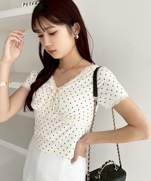 one after another NICE CLAUP(ワンアフターアナザーナイスクラップ)の「【カップ付き】レーステレコトップス(Tシャツ/カットソー・レディース・ブラック/ホワイト系その他/ドット/サックスブルー・FREE)」の22枚目の写真
