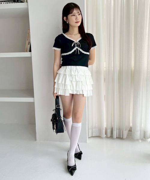one after another NICE CLAUP(ワンアフターアナザーナイスクラップ)の「【カップ付き】レーステレコトップス(Tシャツ/カットソー・レディース・ブラック/ホワイト系その他/ドット/サックスブルー・FREE)」の15枚目の写真