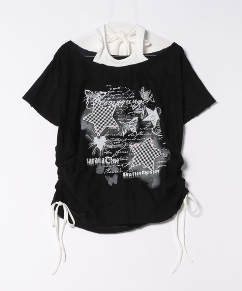 Sibra(シブラ)の「ホルターネック風レイヤード×総柄プリントTシャツ/Y2Kムード漂うストリートスタイル(Tシャツ/カットソー・レディース・ブラック・M)」の2枚目の写真