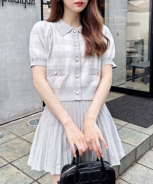 INGNI（イング）の「襟付チェック柄半袖ニットカーディガン＋